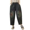 DIMANAF 2026 Summer New Plus Size Women Jeans Elastic Waist Vintage Print Long Pants Loose Casual Denim Cotton Trousers Pants