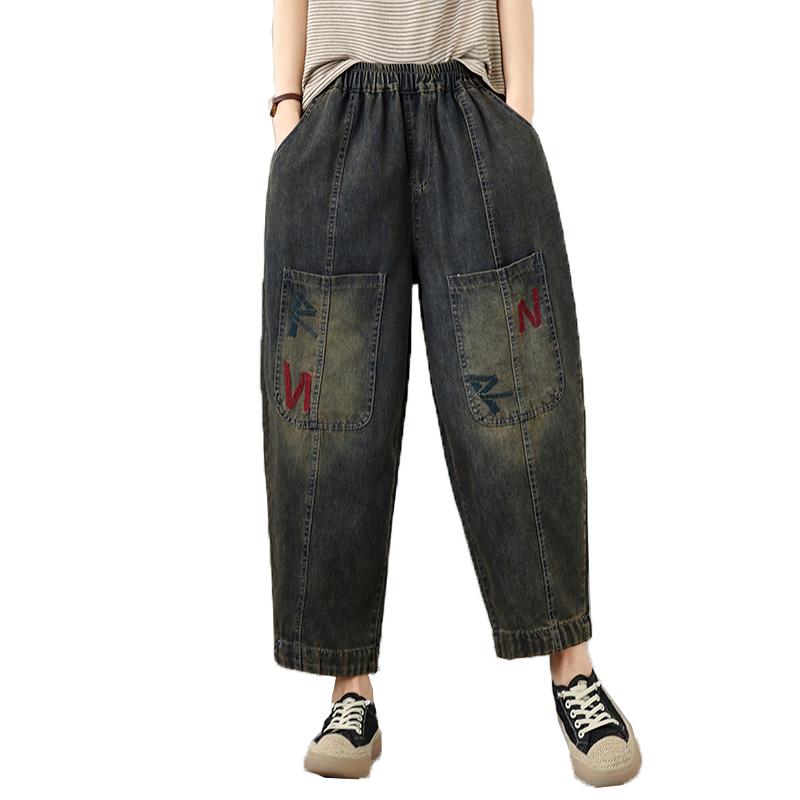 DIMANAF 2026 Summer New Plus Size Women Jeans Elastic Waist Vintage Print Long Pants Loose Casual Denim Cotton Trousers Pants