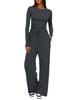 Solid Color Casual Long Sleeve Set Top High Waisted Wide Leg Pants Sportswear