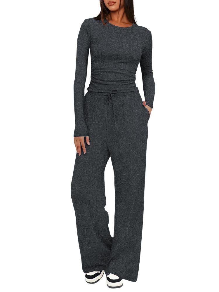 Solid Color Casual Long Sleeve Set Top High Waisted Wide Leg Pants Sportswear