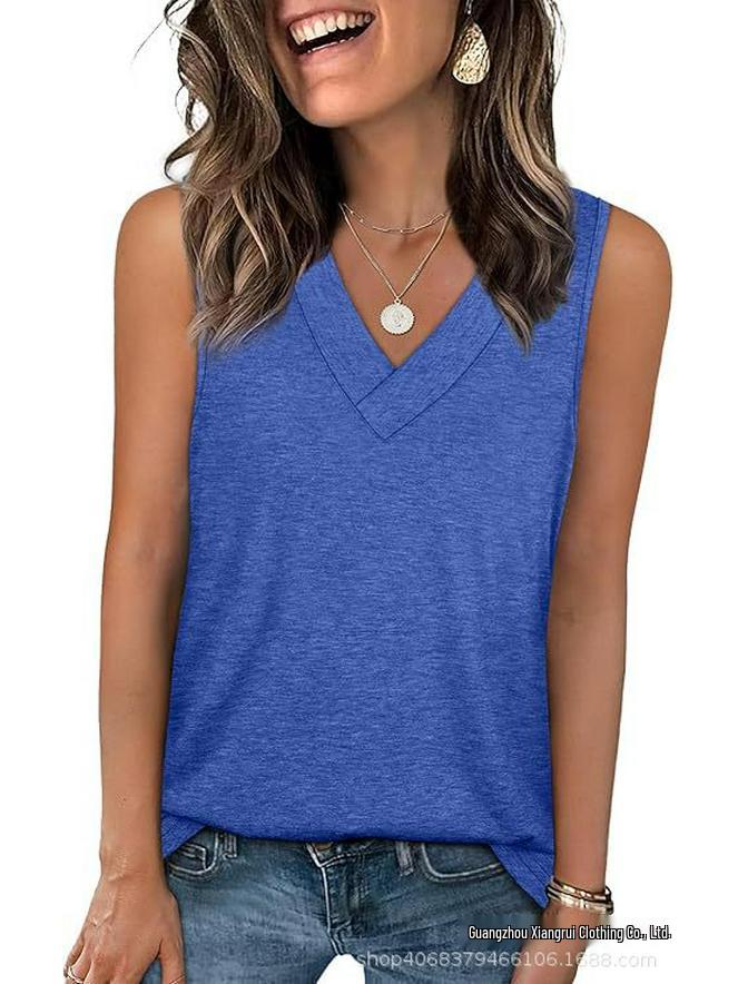

2025 Women s V-neck Casual Loose Sleeveless Summer Shirt - Solid Color, New Arrival L королевский синий