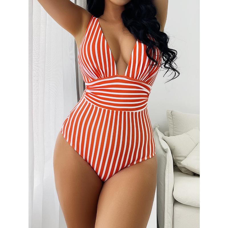 New one-piece large V-neck swimsuit women's striped backless swimsuit women's sexy fashion swimsuit