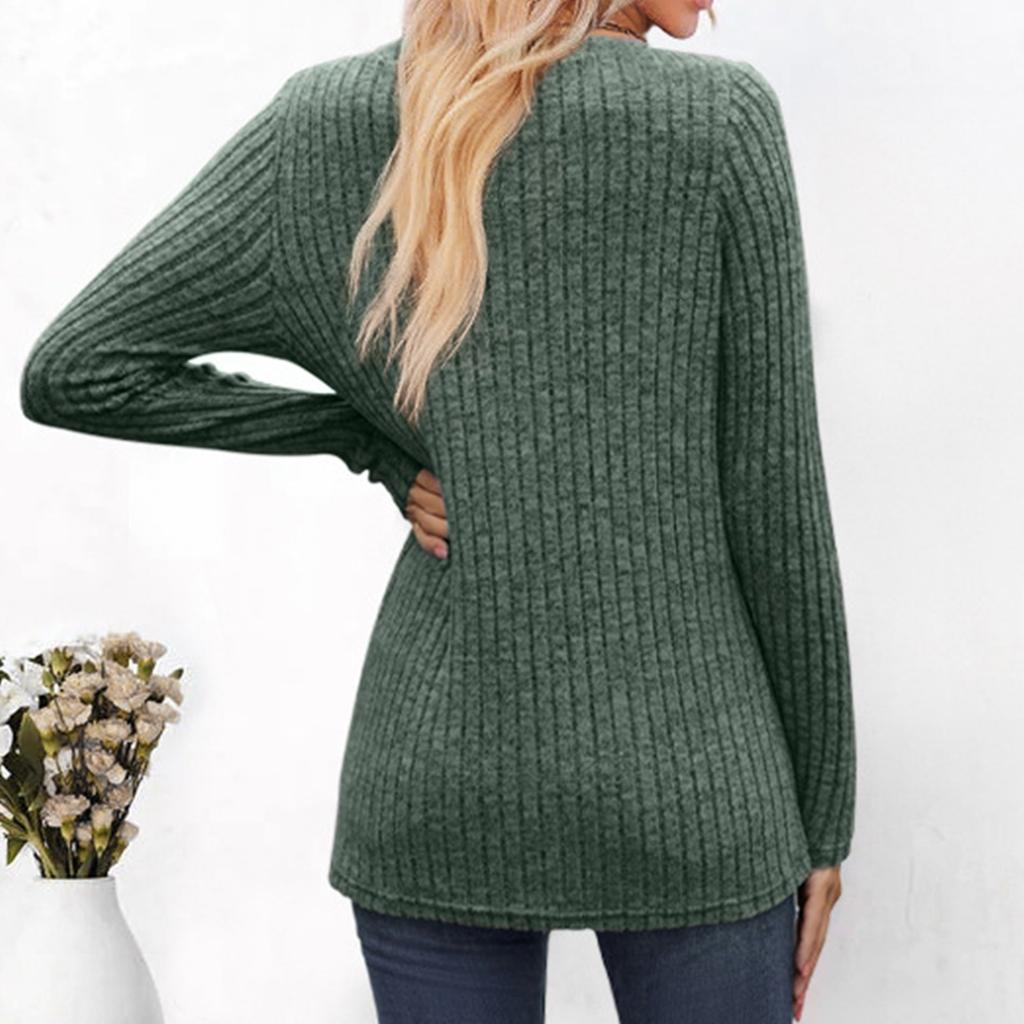 Women's Fashion Solid Color Long Sleeve Button Pullover V Neck Casual Loose Tops