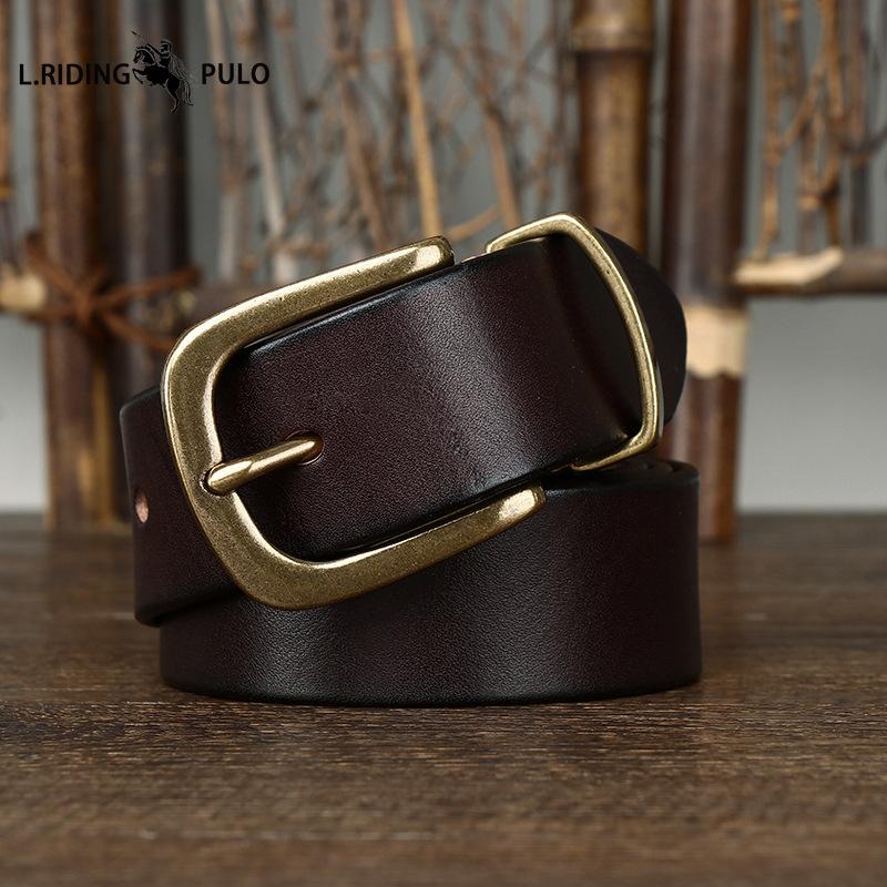 Ceinture en Cuir Véritable Cuir de Vachette Grain Supérieur Lavé Rétro pour Homme avec Boucle en Laiton, Nouvelle Ceinture Tendance Style Coréen