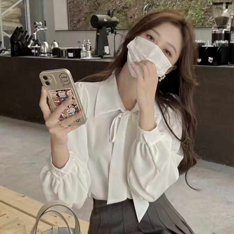 Lantern Sleeve Temperament Fall and Winter Bow Shirt White Blouse Female Long Sleeve Tie Design Sense Career Tops Temperament Elegant Fashion Top