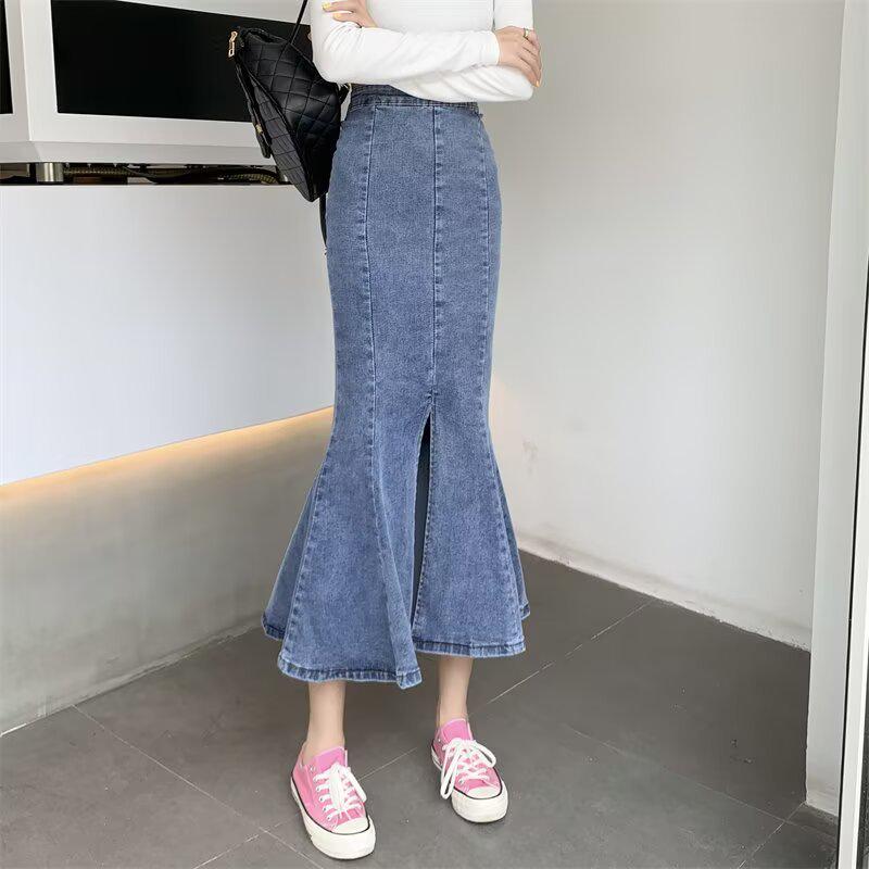 Damen Denim Fishtail Midi Rock - Hohe Taille, Schlankmachend, Rüschenschlitz, Petite A-Linie für Frühling/Sommer