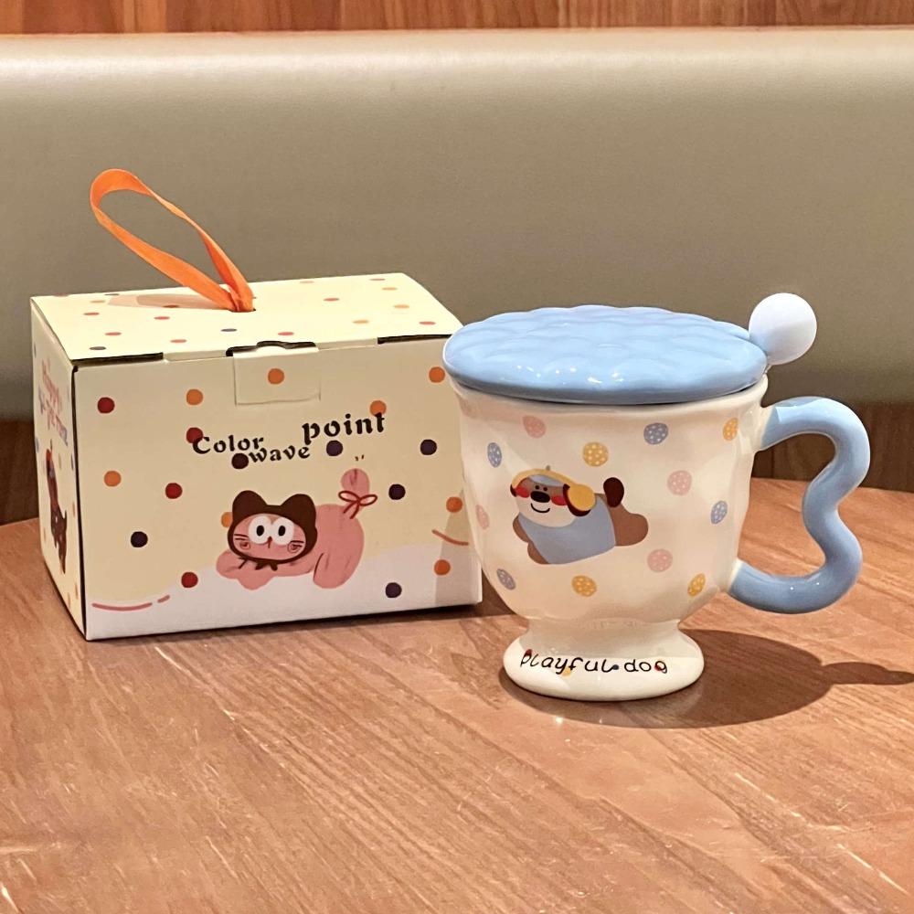 High-value Milk Cute Polka Dot Kitten Mug with Lid Girls Ceramic Cup Birthday Gift Souvenir