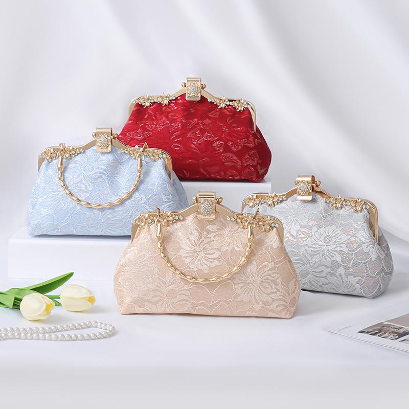 Chinese Style Clutch Bag Vintage Floral Lace Embroidery Evening Bag with Metal Frame convertible Shoulder Strap for Wedding