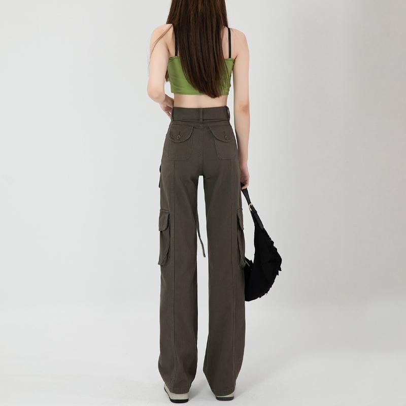 2022 Summer retro Straight High Waist Wide Leg Casual Trousers cargo Pants  Bandage Solid Pockets Streetwear Harajuku Loose