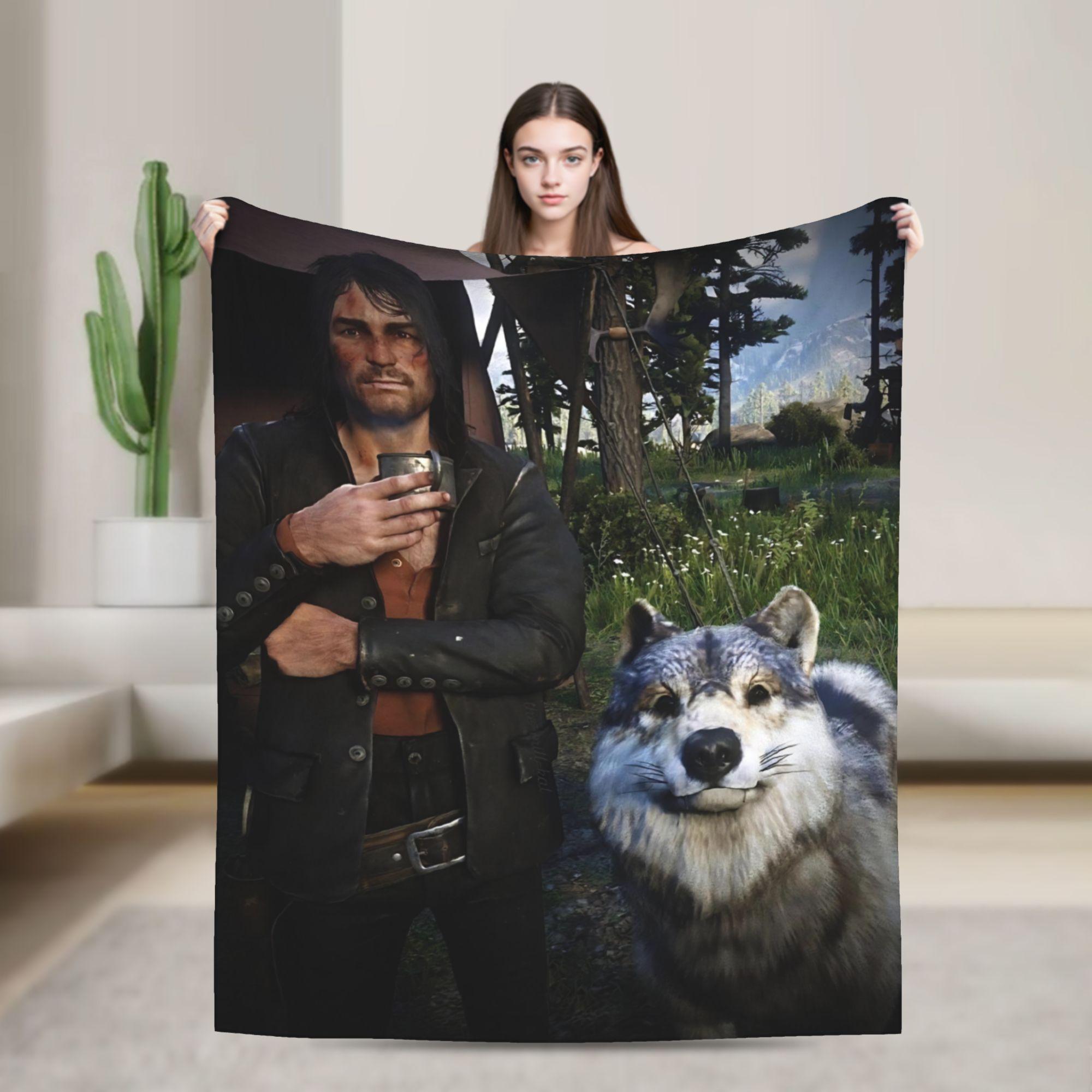 John Marston Wolf Blankets Flannel Spring/Autumn RDR2 Game Multifunction Soft Throw Blanket for Bed Office Bedspreads 75X95CM