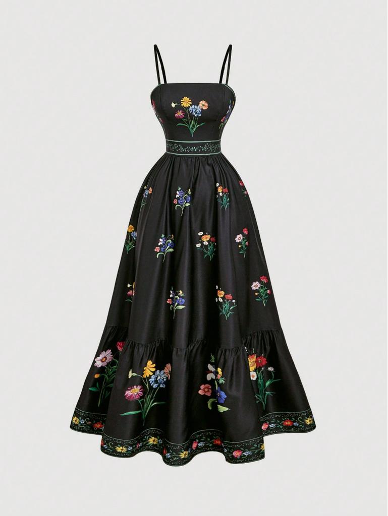 2026 spring and summer sweet romantic French fake style dress, suspender positioning printing waist backless European and American women's clothing