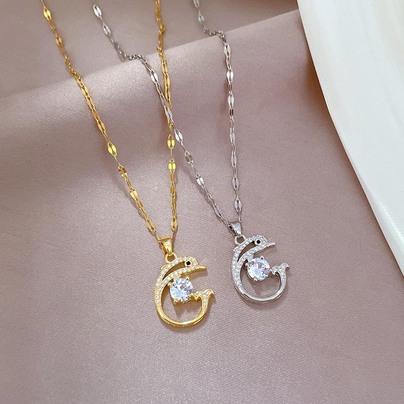 Light Luxury Temperament Gorgeous Full Diamond Dolphin Necklace Female Versatile Collarbone Chain Titanium Steel Chain