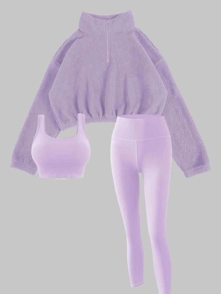 European & American Autumn/Winter Women's Fleece Three-Piece Set: High-Neck Half-Zip Sweatshirt, Vest, and Long Pants for Fitness.