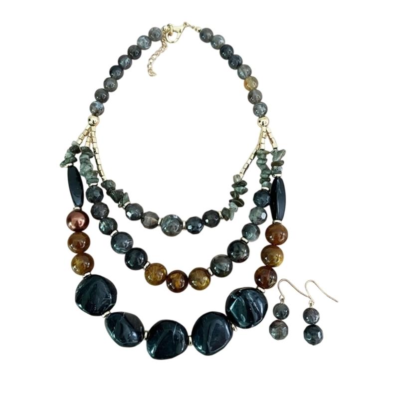 Layering Beaded Collarbone Necklace Set with Matching Earrings Fashionable Multi Strand Acrylic Jewelry For Women