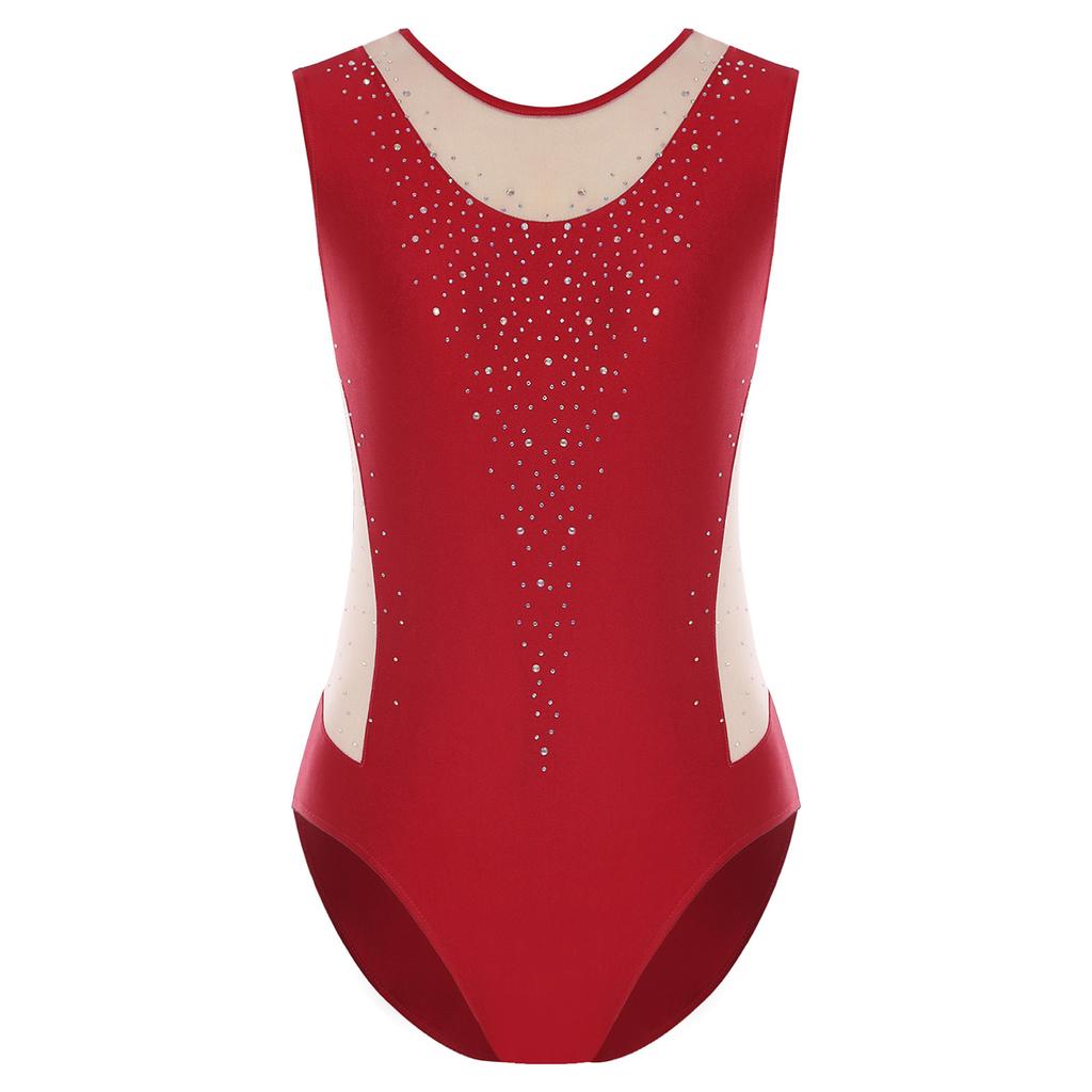 Womens Gymnastics Figure Skating Bodysuit Round Neck Sleeveless Shiny Rhinestone Mesh Patchwork Leotard Dance Jumpsuit