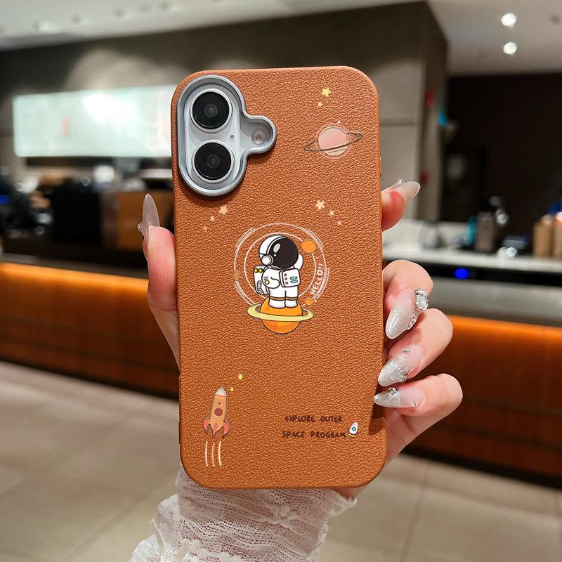 Cartoon Astronaut Leather Texture Soft Case For iPhone 16 15 14 Pro Max 15 Plus 13 12 Pro Max 11 Shockproof Silicone Phone Cover