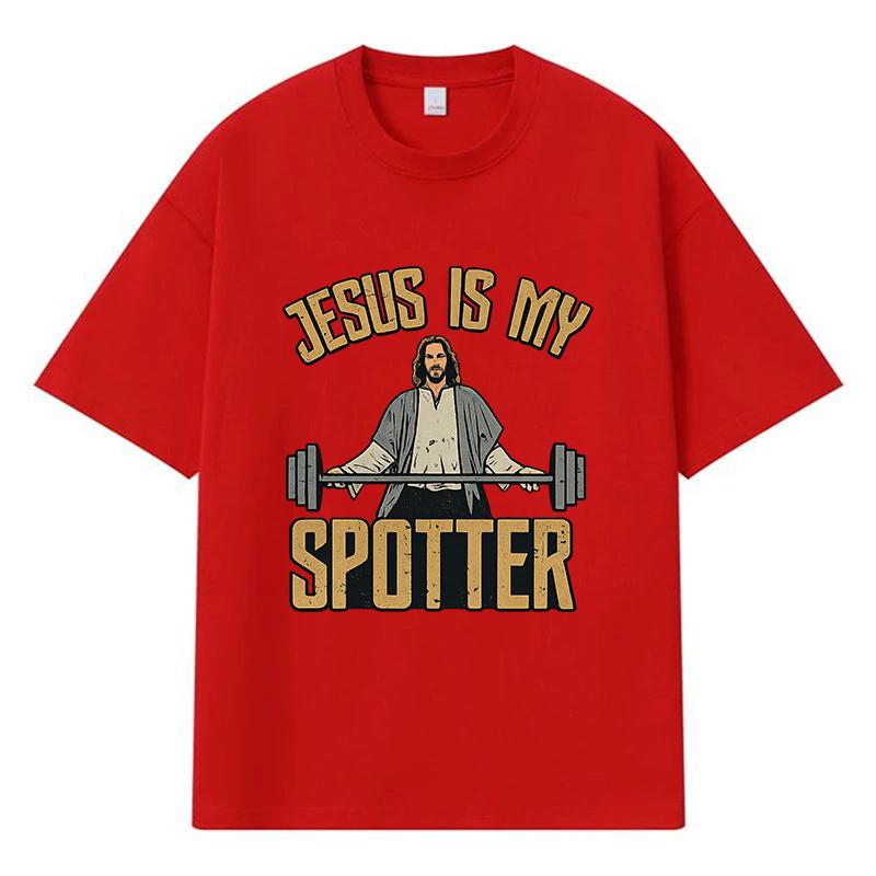 2026 Jesus Is My Spotter Printed Graphic Y2k Harajuku Streetwear 100% Cotton T Shirt Casual Oversized Summer Men T-shirt
