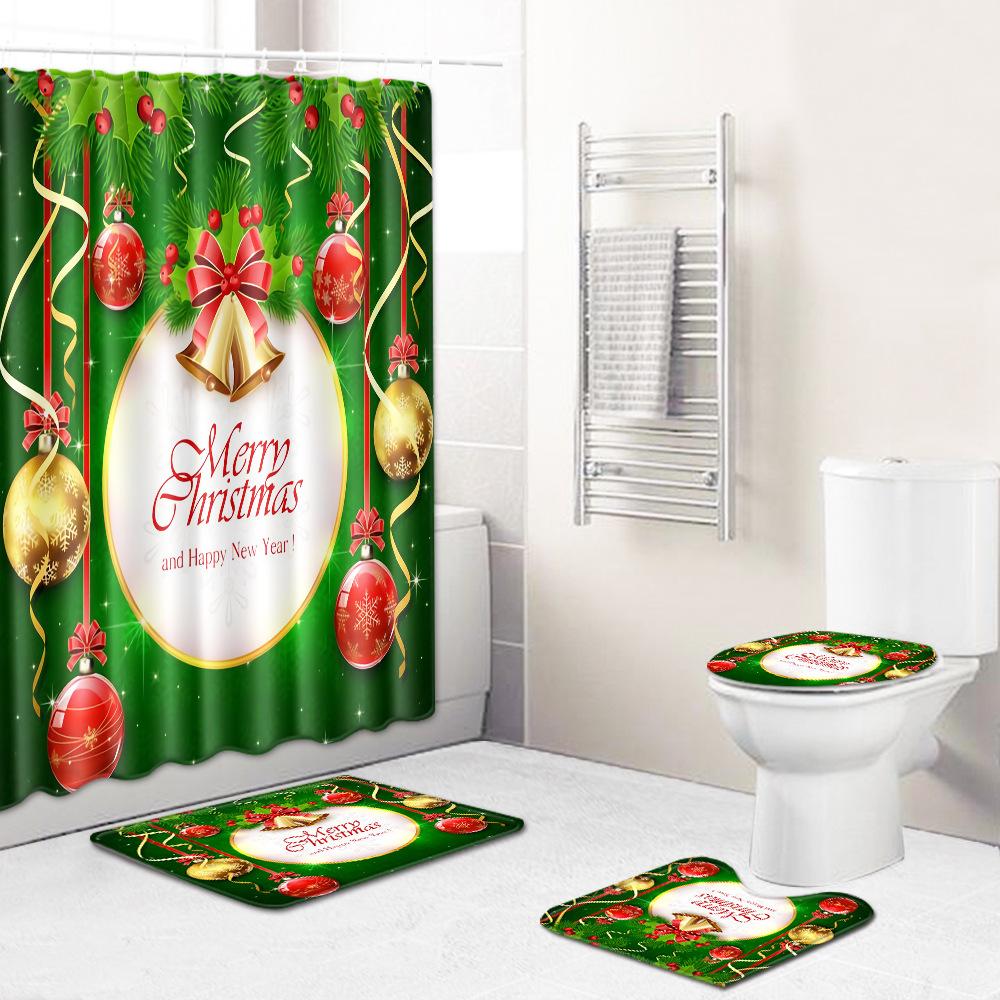 Christmas Toilet Seat Shower Curtain Four-Piece Printed Floor Mat Set Bathroom Floor Mat Bedroom Absorbent Door Mat Carpet