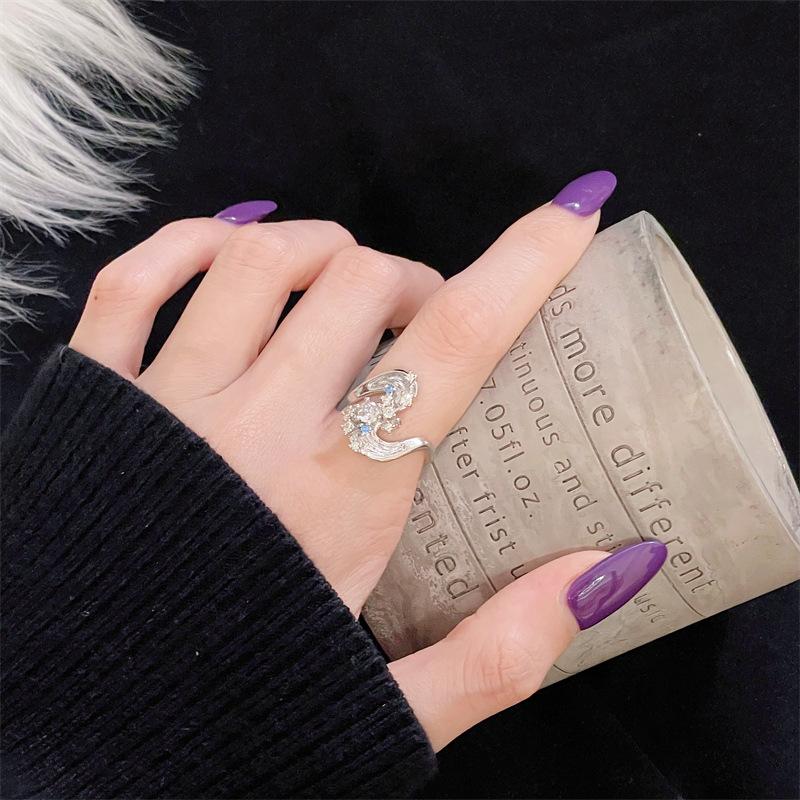 New Niche Light Luxury High-End Color Treasure Sea Blue Zir*****Pen Ring Simple Fashion Jewelry Women