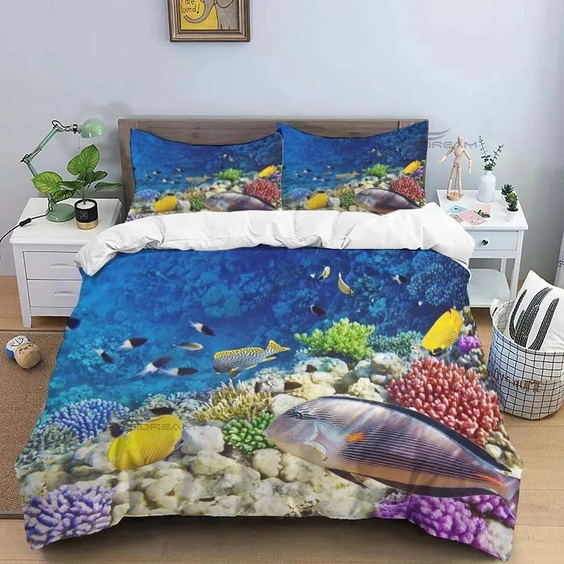 Ocean World Marine Life Art Pattern Comforter Bedding Set,Duvet Cover Bed Set Quilt Cover Pillowcase,King Queen Size Bedding Set