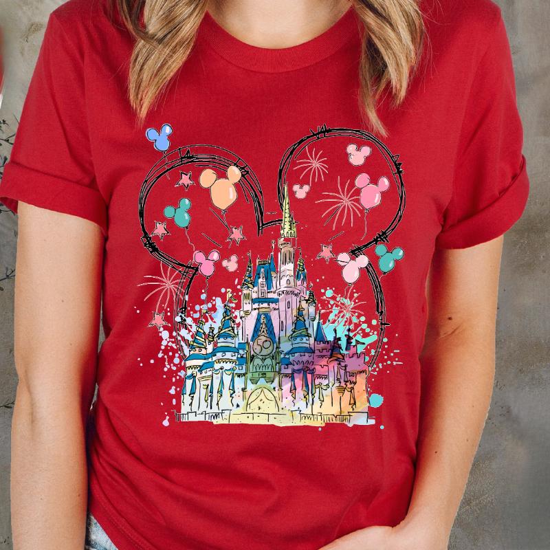 

Watercolor Mickey Castle Print TShirts Crew Neck Breathable Fashion Casual Travel Short Sleeve Tops for Unisex and Women S