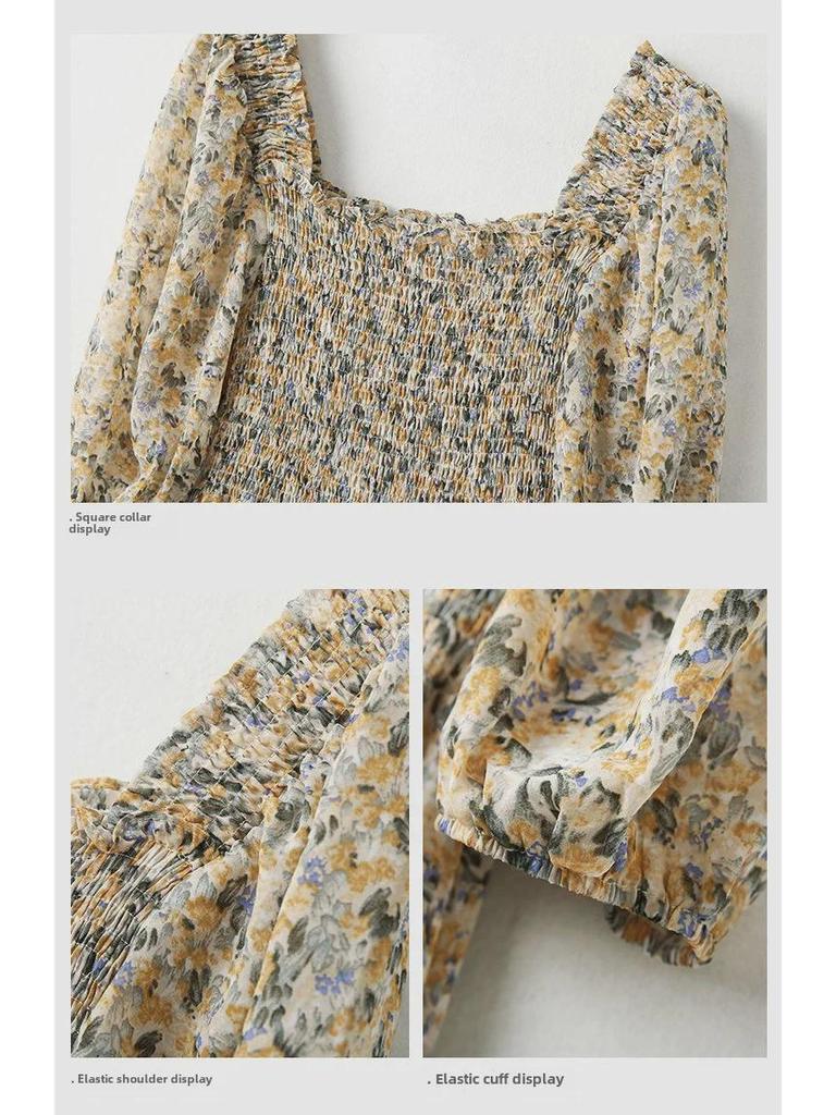 Damen Sommerkleid 2024, geblümtes Chiffonkleid mit quadratischem Kragen und Puffärmeln