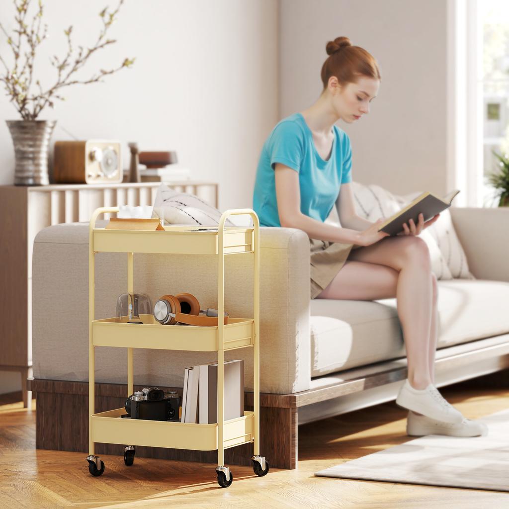 Serving Cart, Steel Trolley, 3 Perforated Shelves, 45 x 30.6 x 79 cm, Yellow