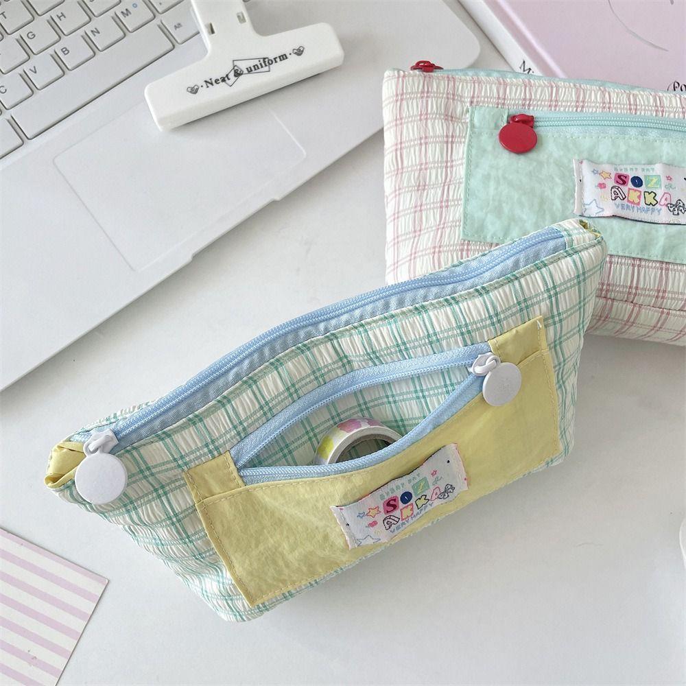 Dopamine Contrasting Grid Pen Case Checkered Cute Makeup Bag Simple Cartoon Stationery Box School
