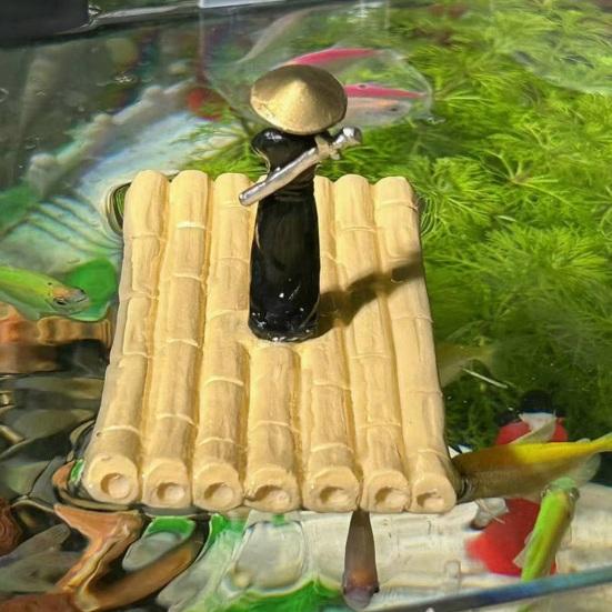 Figurine Épéiste Flottant Décoration d'Aquarium Épéiste Imperméable sur Bambou Décor de Bureau d'Aquarium Statue de Radeau pour