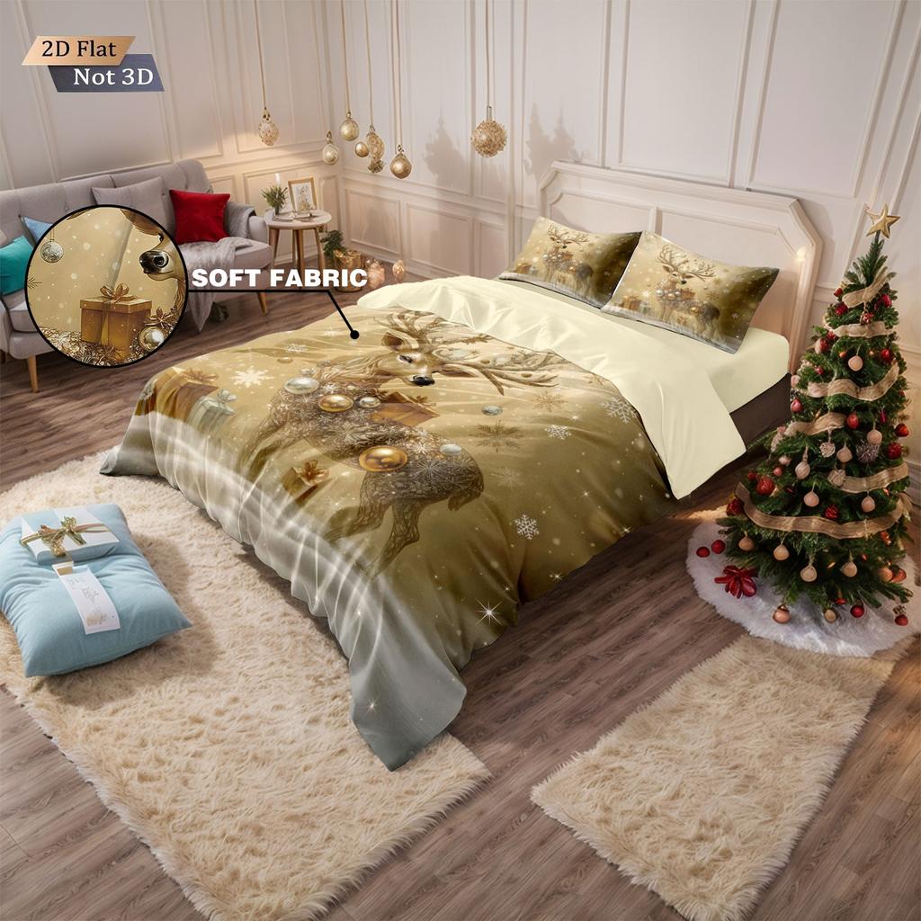 3pcs Christmas Gold Deer Print Coreless Duvet Set Multi Size Bedroom Bedding Holiday Decoration Soft Machine Washable