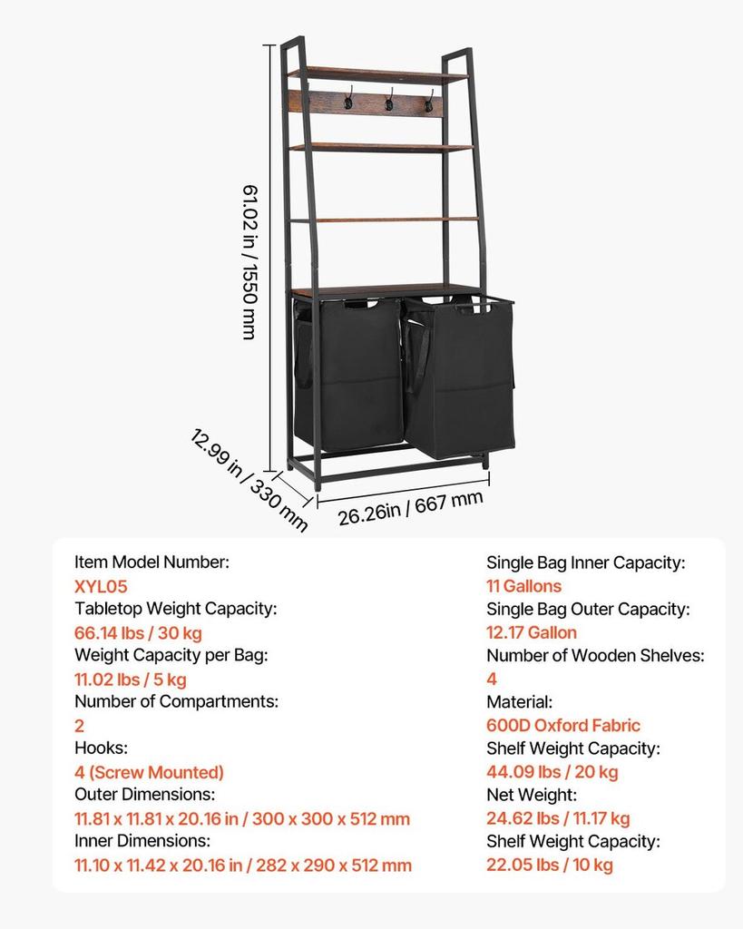 4 Tiers Laundry Sorter Tall Laundry Hamper with Shelves & Hooks 2 Section