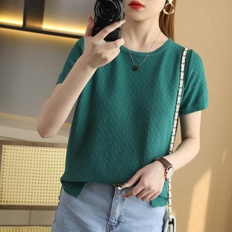 Summer New Round-neck Knitted Short-sleeved Women's T-shirt, Loose Large-sized Plaid Half-sleeved Top