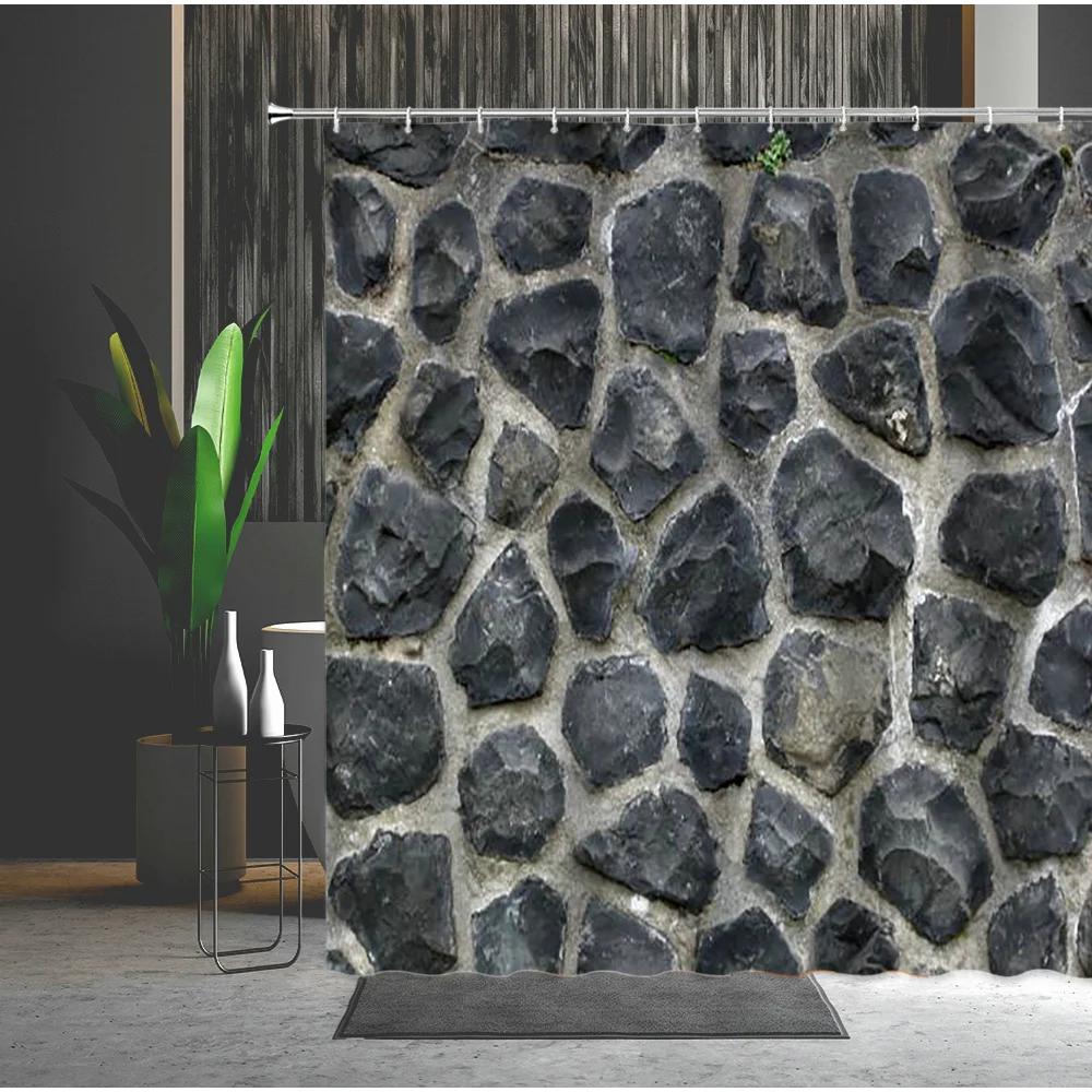 3D Printing Brick Pattern Shower Curtains Set Vintage Stone Brick Wall Polyester Fabric Hanging Curtain Bathroom Curtain Hooks