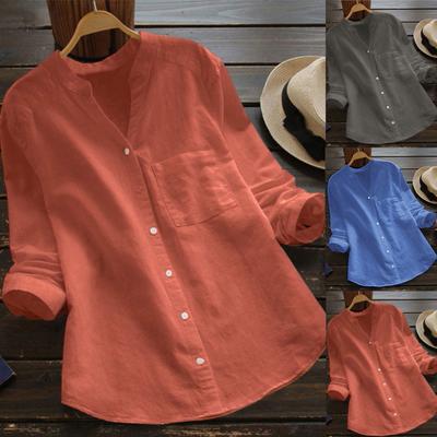 Women Cotton Linen Casual Solid Long Sleeve Shirt Blouse Button Down Tops