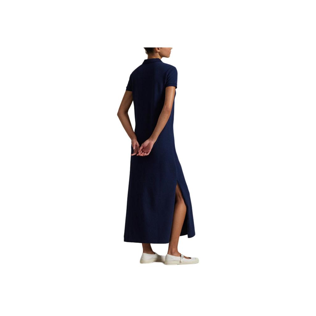 Polo Ralph Lauren Solid Color Polo Collar Straight Cut Side Split Short Sleeve Dress Women Dresses Navy-Blue 211968291-003