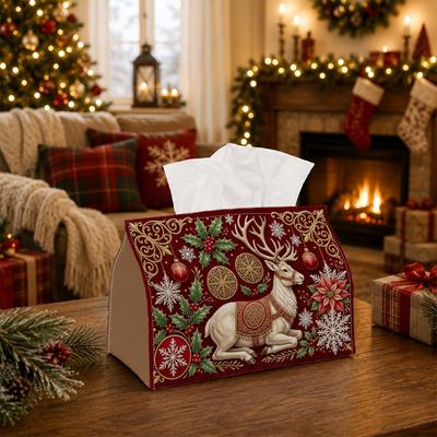 1pc Vintage Royal Holiday Tissue Box - Multi-functional Napkin Box, Available Made of Durable Polyester, Decorated with Sitting Reindeer Poinsettia, S