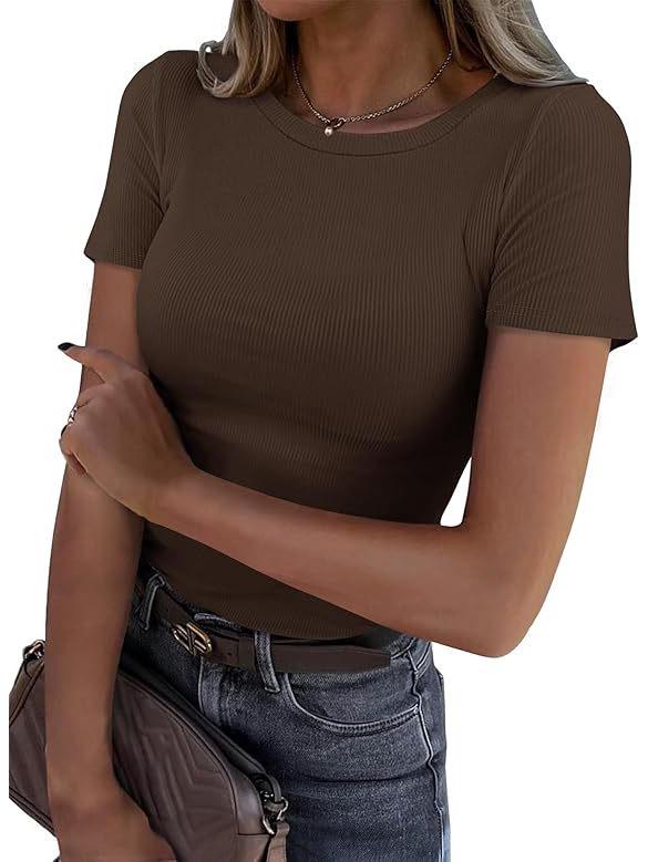Women's Summer Ribbed Short Sleeve Stretchy Slim Fit Round Neck T-shirt
