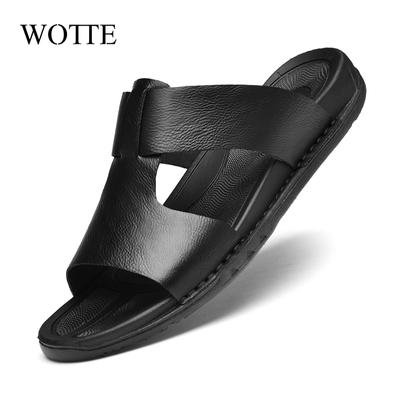 Fashion Men's Slippers Leather Summer Outside Sandals Lightweight Soft Sole Beach Slippers Casual Slide Mens Shoes Big Size 37-46
