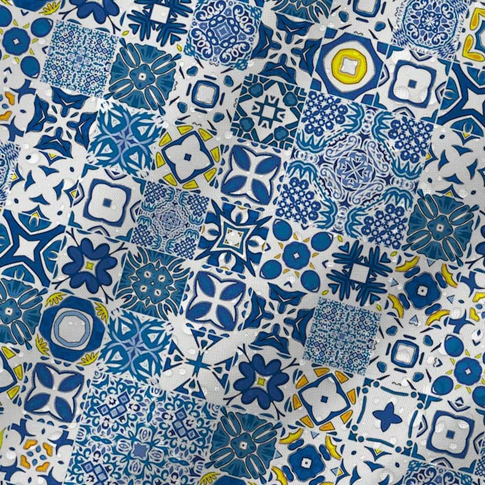 Blue And Yellow Tiles Shower Curtain Modern Retro Textures Morocco Mosaic Portuguese Mediterranean Shower Curtain For Bathroom