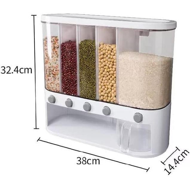Dry Food Dispenser,Wall mounted 5 Grid Cereal Dispenser,Rice dispenser 25 pounds Kitchen Storage with Measuring Cup
