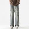Spring and summer new loose straight tooling jeans men's American trendy brand elastic waist lace-up trousers