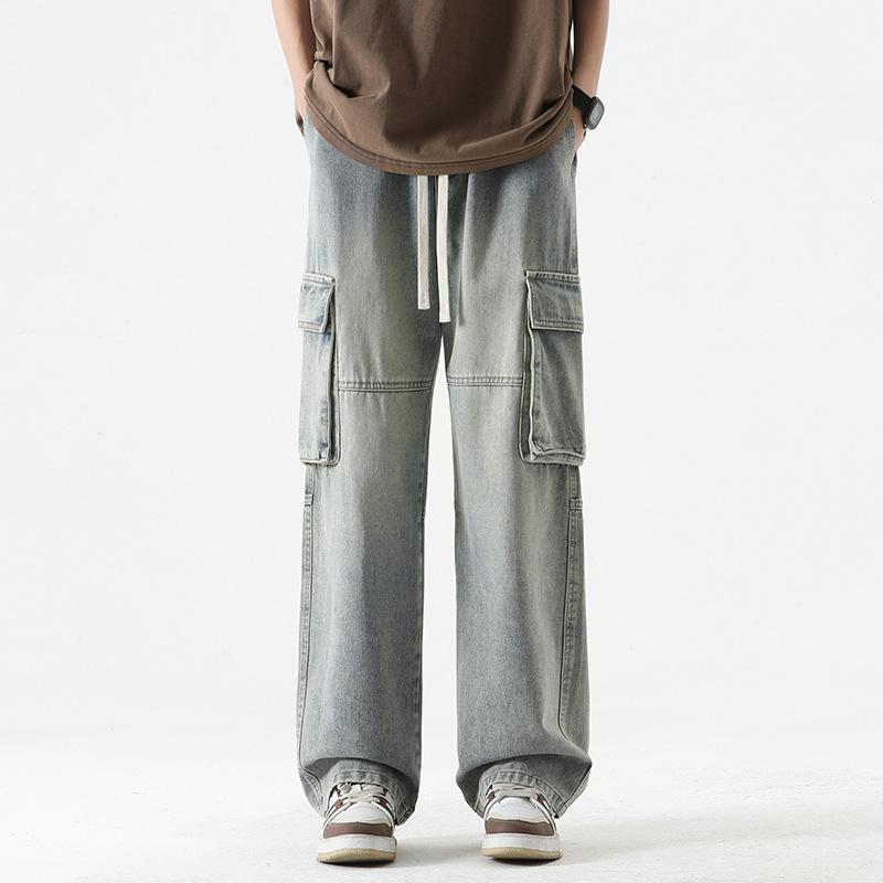 Spring and summer new loose straight tooling jeans men's American trendy brand elastic waist lace-up trousers