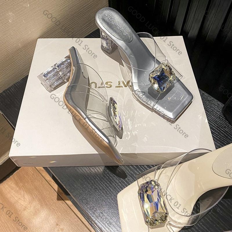 

Fashion 2025 New PVC High Heels Transparent Strap Wrapped Head Slippers Female Fashion Sexy Shallow Mouth French Sandals 40