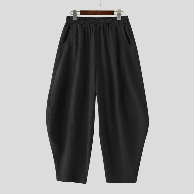 INCERUN Pánské elastické pas bavlněné lněné ležérní jednobarevné kalhoty se sníženým rozkrokem lampionové kalhoty