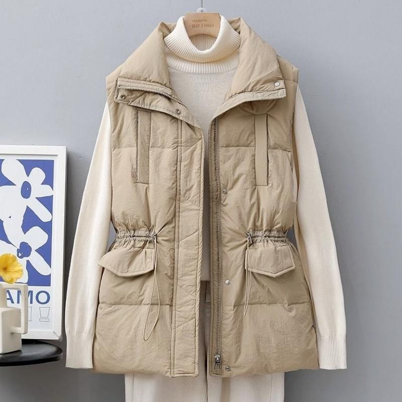 Autumn and Winter Mid-length Down Cotton Vest, Drawstring Waist, Thin Waistcoat Women