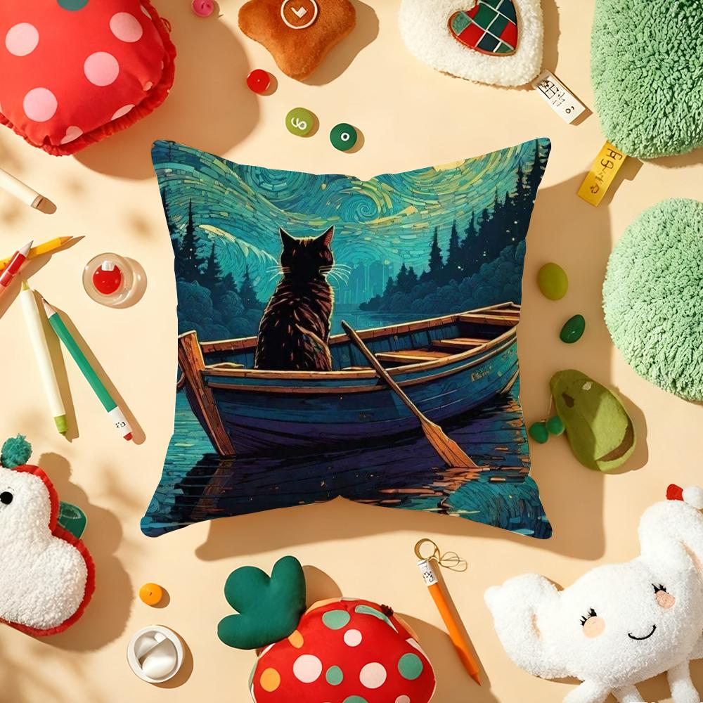 Van Gogh Starry Sky Kawaii Cat Pillow Case Plush Fabric Soft Double-Sided Printed Sofa Warm Winter Home Gift Cushion Cover