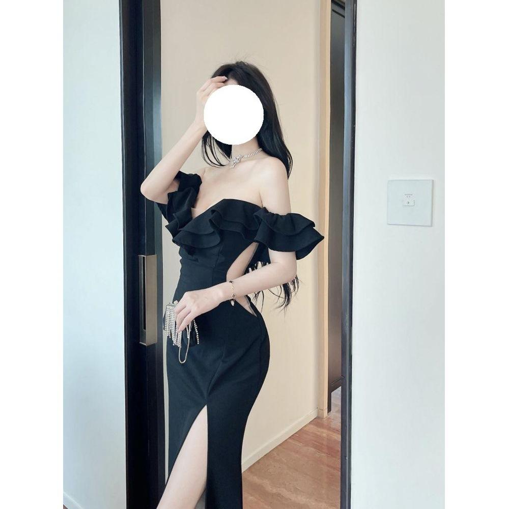 Niche Red Temperament One-word Shoulder Dress Host Evening Dress Women's New High-end