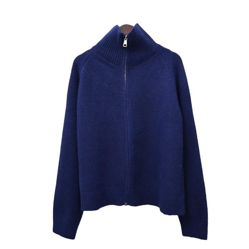 Thickened double zipper sweater jacket autumn and winter new loose solid color casual versatile knitted cardigan women