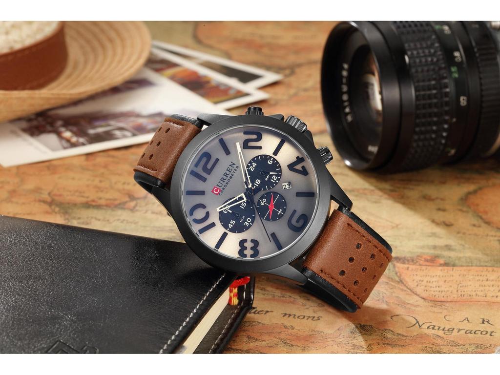 CURREN M8244 Men's Six-Hand Quartz Watch, Sporty Waterproof Design with Genuine Leather Strap and Single Calendar.