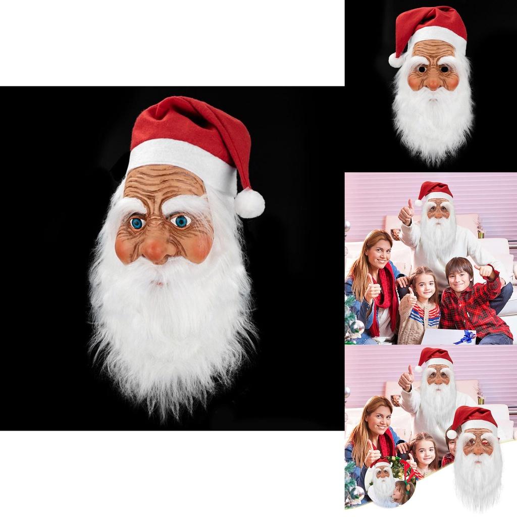 Christmas Latex Santa Claus Cap With White Beard Mask Role Play Fun Props